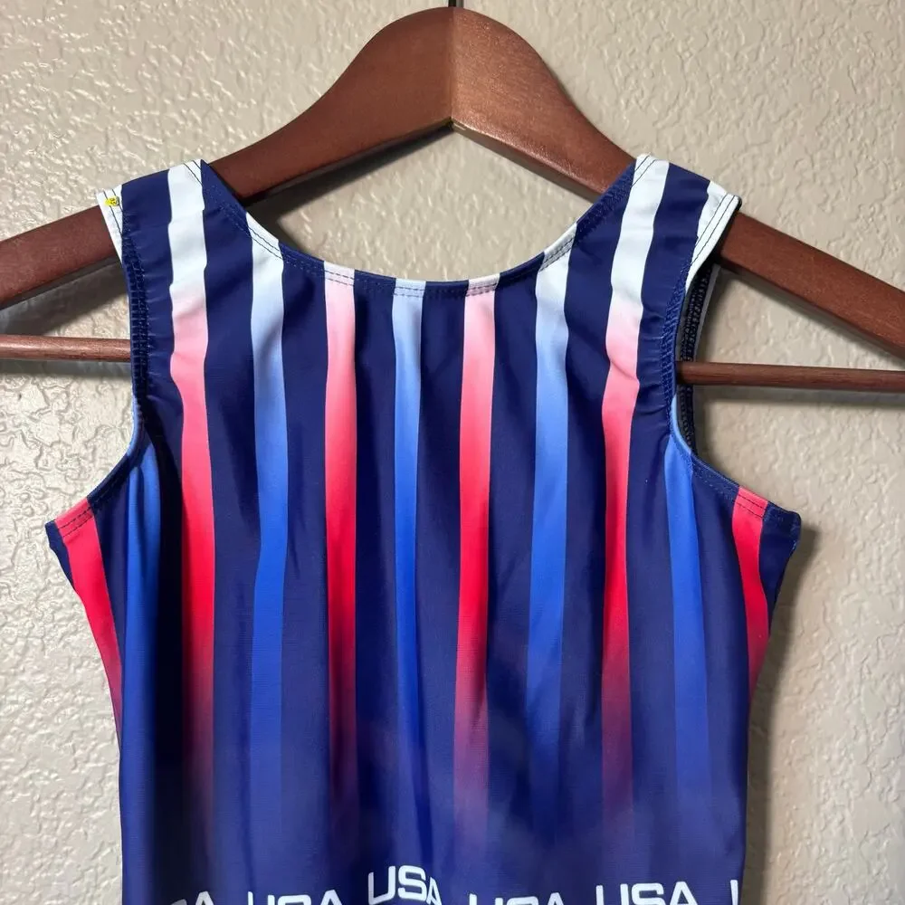 Destira USA Patriotic Foil Tank Leotard Size Child Large Red, white and blue